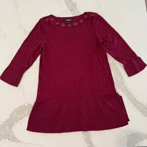 roz&ali Maroon 3/4Sleeve Tunic Sweater Womens Small Split Hem/Cuffs Grommet Neck